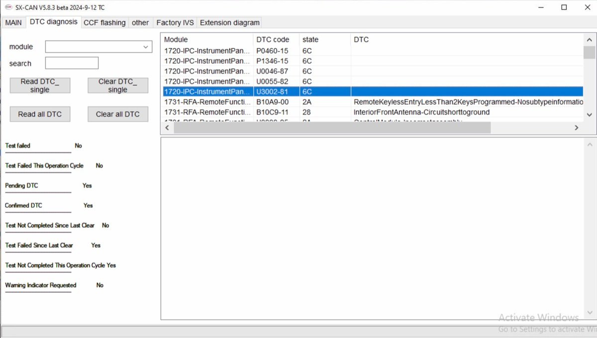 JLR diagnostic session with SX-CAN showing live data