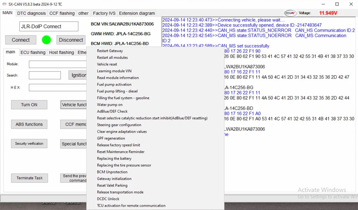Vehicle functions menu in SX-CAN software